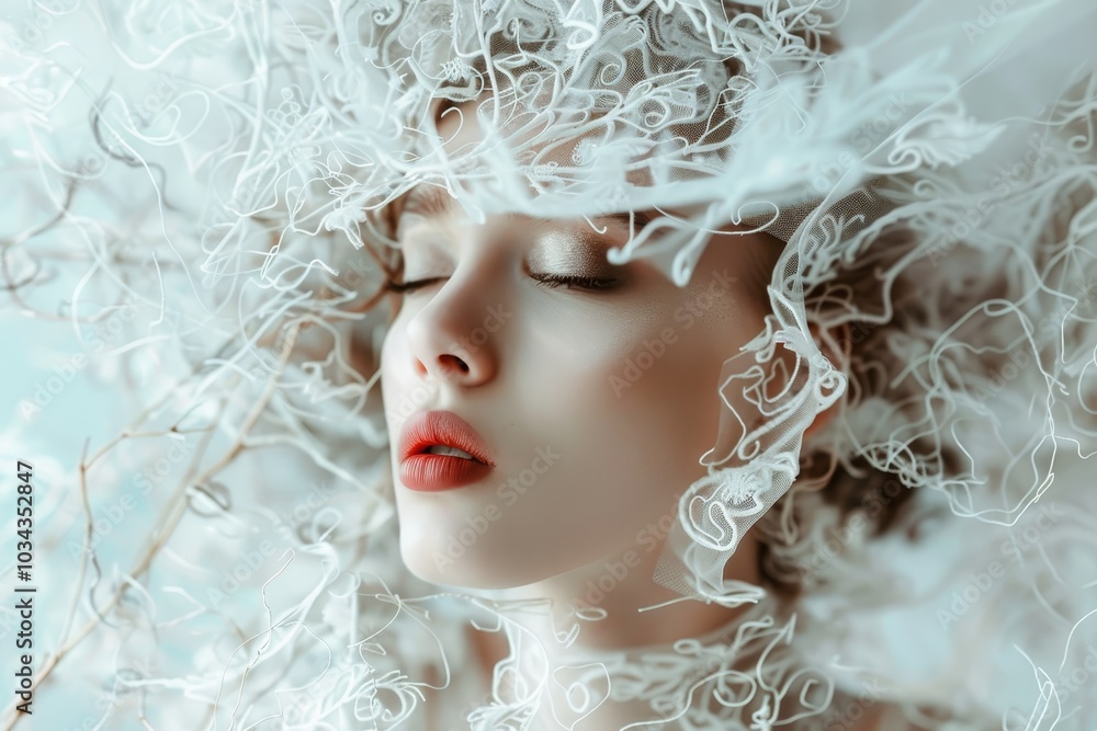 A woman with closed eyes showcases a unique lace headpiece, her soft features illuminated in gentle light, exuding an aura of calmness and elegance. A woman with closed eyes showcases a unique lace headpiece, her soft features illuminated in gentle light, exuding an aura of calmness and elegance.