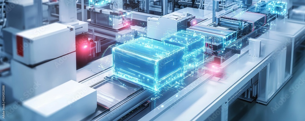 Factory assembly line with glowing cube. Factory assembly line with glowing cube.