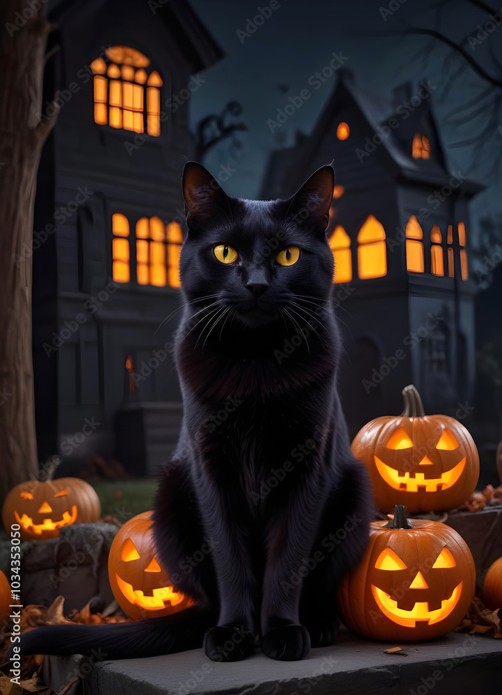Black cat with jack-o-lanterns on a spooky Halloween night Black cat with jack-o-lanterns on a spooky Halloween night