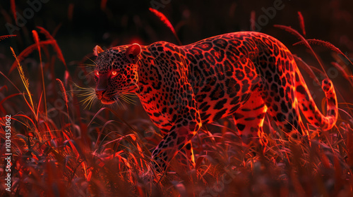 Fantasy red leopard, beautiful spotted luminous predator animal colorful illustration. photo