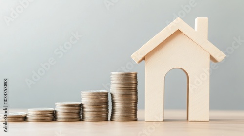 Wallpaper Mural Wooden House Model and Stacked Coins Representing Savings for a Home Torontodigital.ca