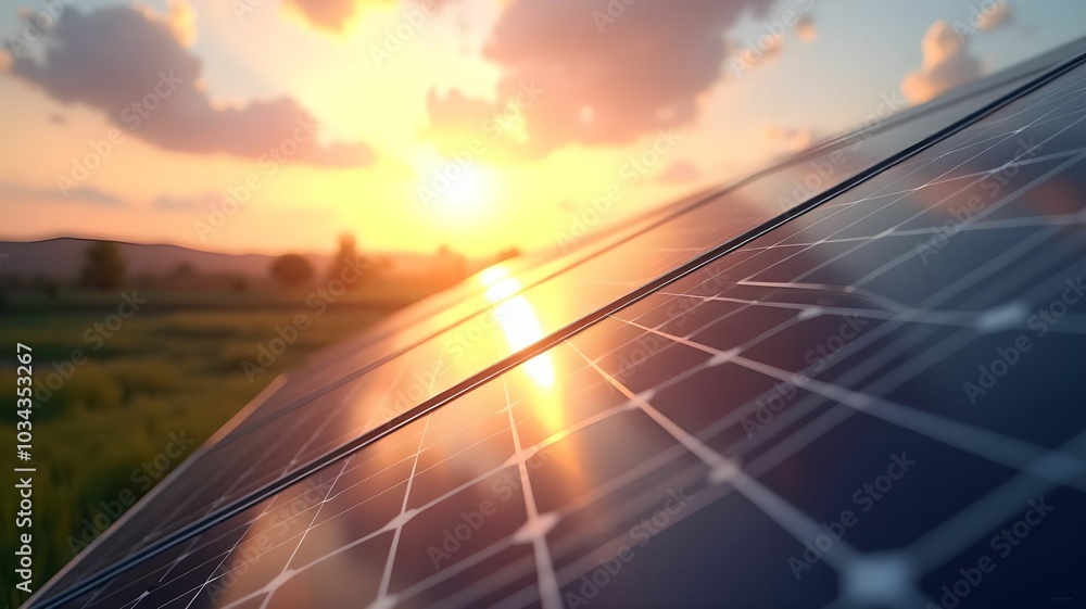 Close-up solar panels, sun rays against modern landscape Close-up solar panels, sun rays against modern landscape