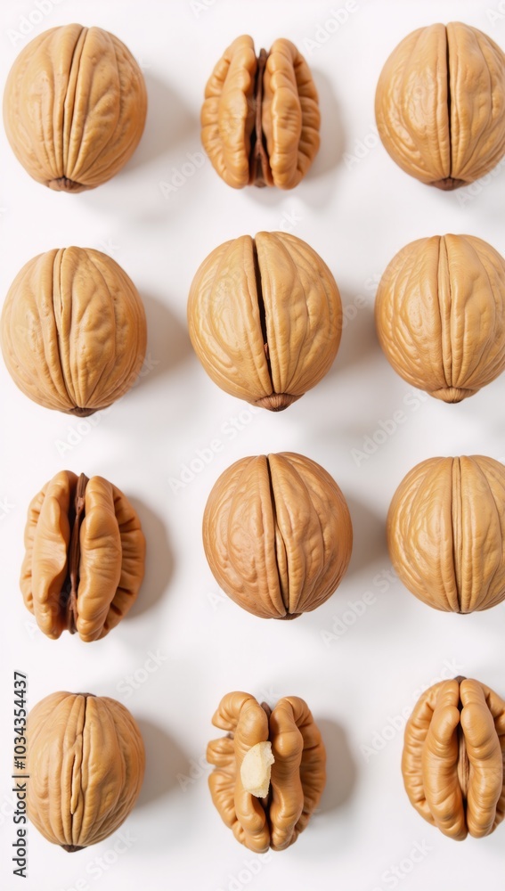 Photorealistic image of walnuts on clean white backdrop Photorealistic image of walnuts on clean white backdrop