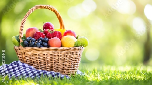 A Wicker Basket Filled with Fresh Fruit in a Grassy Meadow photo