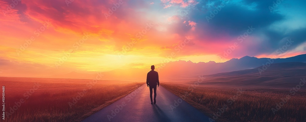 Man walking down a road at sunset. Man walking down a road at sunset.