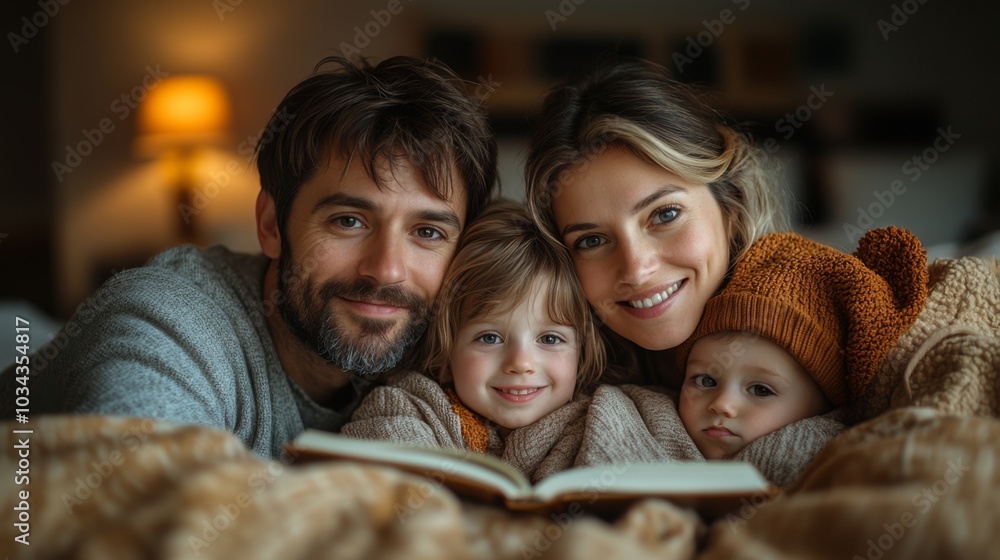 A family enjoys a cozy evening by reading a book together. The warm ambiance of the living room enhances their joyful expressions and close bond. A family enjoys a cozy evening by reading a book together. The warm ambiance of the living room enhances their joyful expressions and close bond.