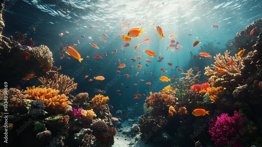 Fototapeta premium Underwater scene of a vibrant coral reef and tropical fish.