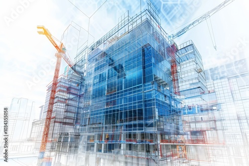 Wallpaper Mural This high-rise construction features a complex blend of glass and steel elements, with cranes in operation, highlighting innovative architectural design and urban development. Torontodigital.ca