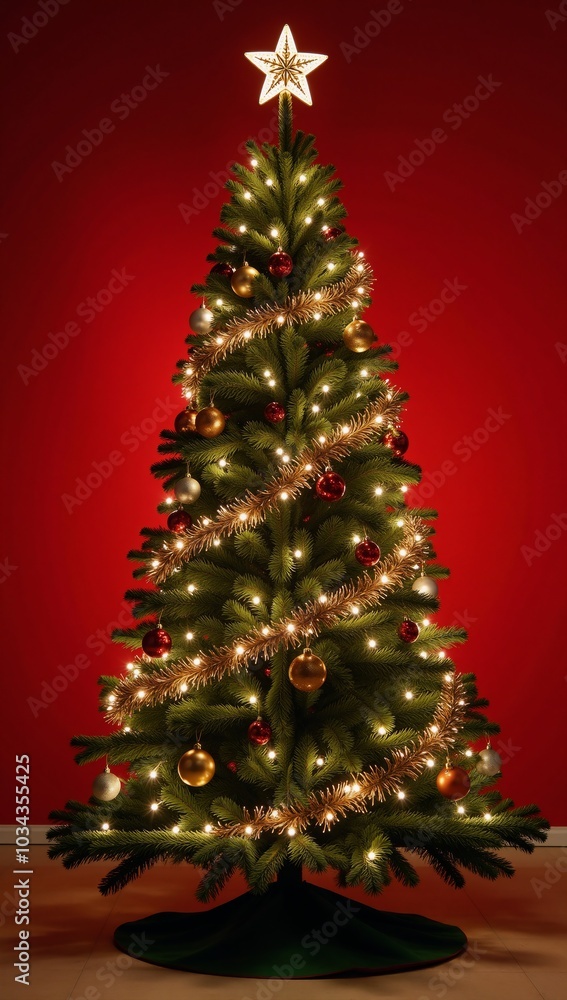 A festive holiday scene featuring golden and silver Christmas lights illuminating a red backdrop adorned with a tree and bright decorations for a Merry Xmas greeting message perfect as an elegant A festive holiday scene featuring golden and silver Christmas lights illuminating a red backdrop adorned with a tree and bright decorations for a Merry Xmas greeting message perfect as an elegant