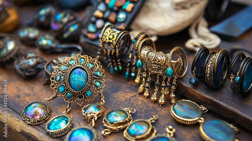 A collection of ornate jewelry featuring blue gemstones and gold accents is displayed on a wooden table A collection of ornate jewelry featuring blue gemstones and gold accents is displayed on a wooden table