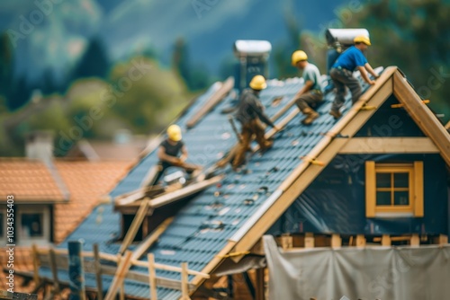 A group of construction workers is engaged in roofing a house in a scenic mountainous area, showcasing teamwork and skilled labor under clear skies.