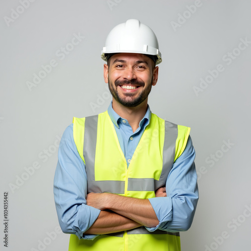 Trabalhador da construção civil engenheiro com colete e capacete para segurança 3