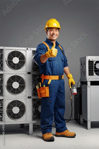 Employees, service, installation, maintenance, air conditioners, thumbs up, technicians, home, office.