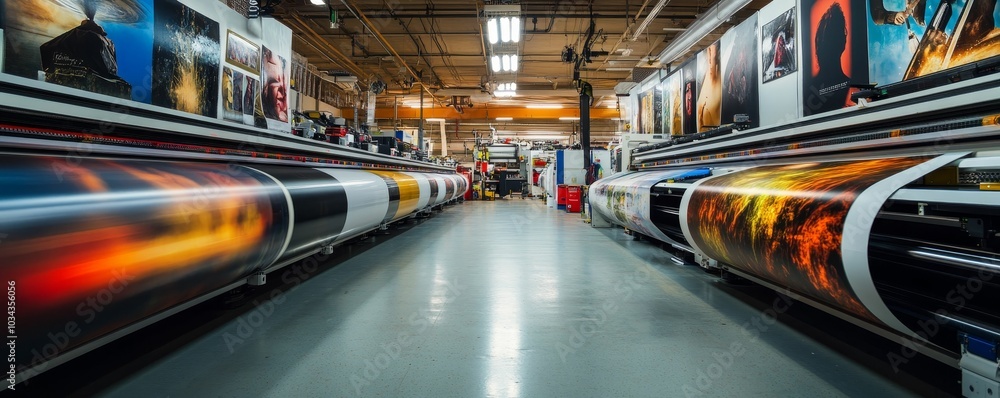 Large-format printing machine in a factory. Large-format printing machine in a factory.