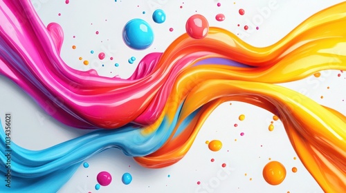 Dynamic and vibrant abstract 3D swoosh pattern with realistic plasticine clay texture, featuring bright curved shapes and motion flow, accented with colorful paint drops and fluid explosion effects.