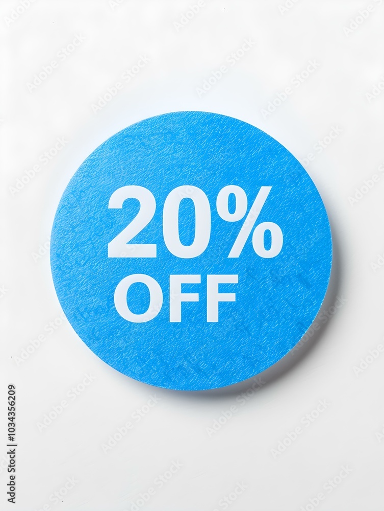 White '20% OFF' Text on a Blue Round Paper Note. White Background White '20% OFF' Text on a Blue Round Paper Note. White Background