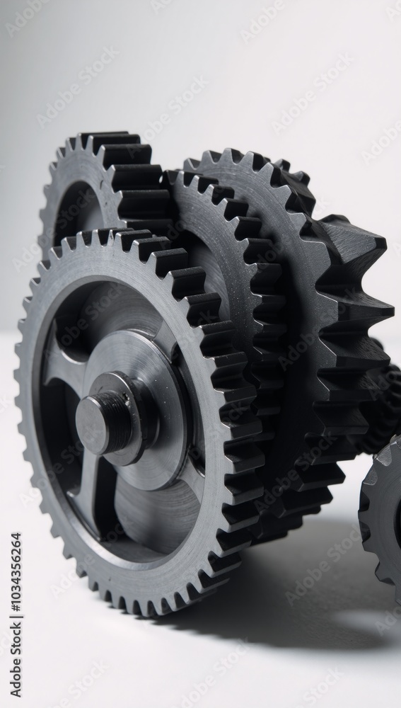 A sleek image showcases metallic black gears against a minimalistic backdrop A sleek image showcases metallic black gears against a minimalistic backdrop