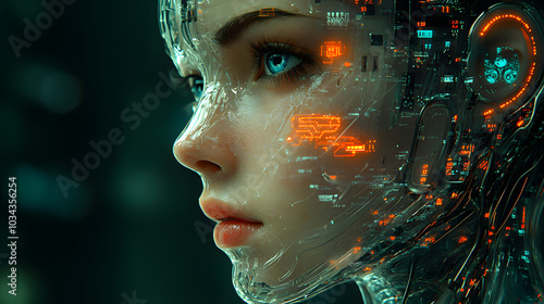 Robot Head with Transparent Skin Revealing a Detailed Brain Structure. This Intriguing Image Showcases the Intersection of Technology and Biology, Highlighting the Futuristic Concept of Cyborgs. The U