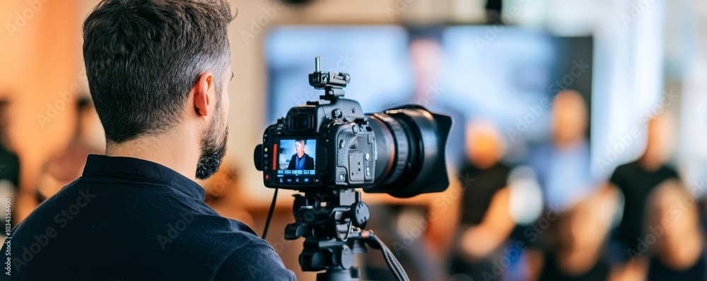 Man filming with camera on tripod. Man filming with camera on tripod.