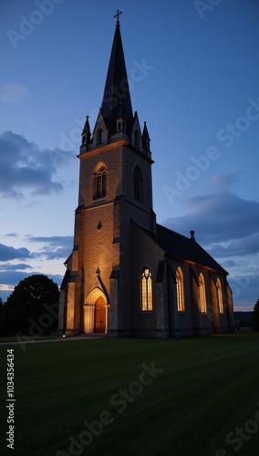 Stone church with tall spire  glowing windows in a field at twilight photo