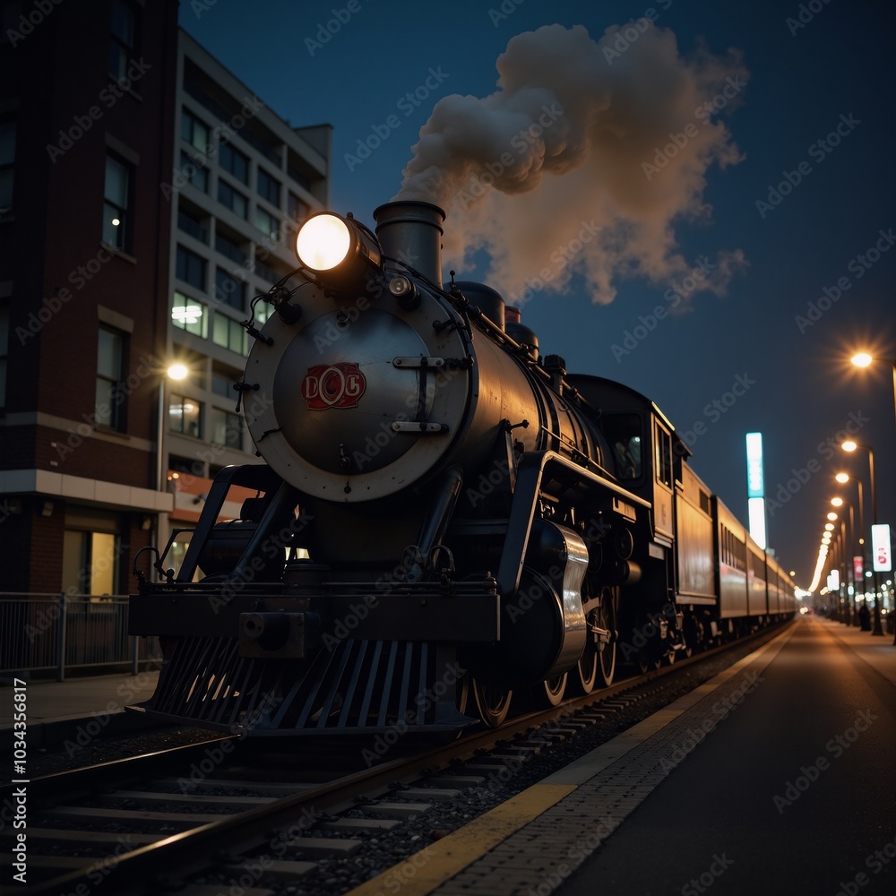 Naklejka premium Train journeys through cityscape at night on tracks