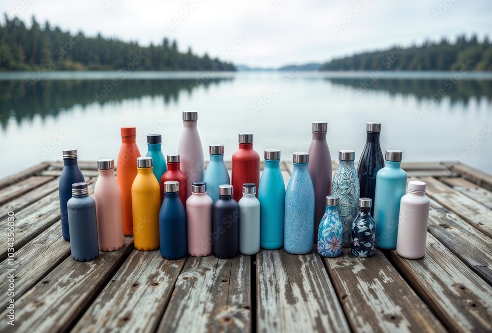 Colorful water bottles. Collection of vibrant reusable bottles on wooden dock by serene lake.