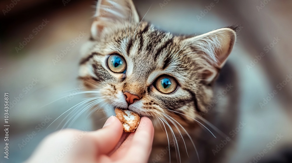 Close-up Portrait of a Cute Kitten Being Fed a Treat Close-up Portrait of a Cute Kitten Being Fed a Treat