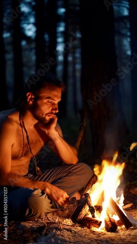 man in the forest in front of a fire he had just built
