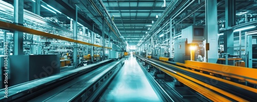 Industrial factory with yellow railings.