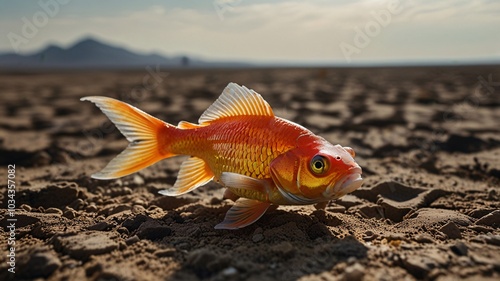 Fish out of water on dry ground dirt cracked, highlighting climate crisis high temperature.