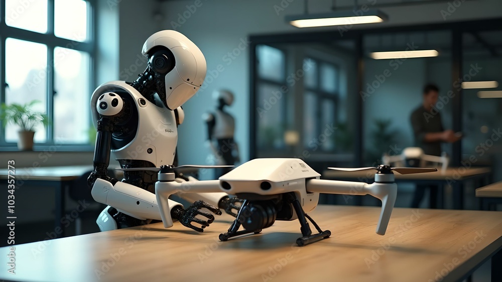 Robots are standing near the table, assemble a drone, for the army Robots are standing near the table, assemble a drone, for the army