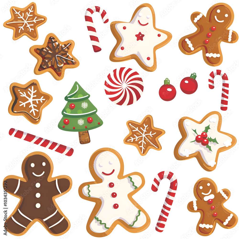 Naklejka premium Holiday illustration with snowman, presents, Santa, cookies for a merry Christmas, stickers