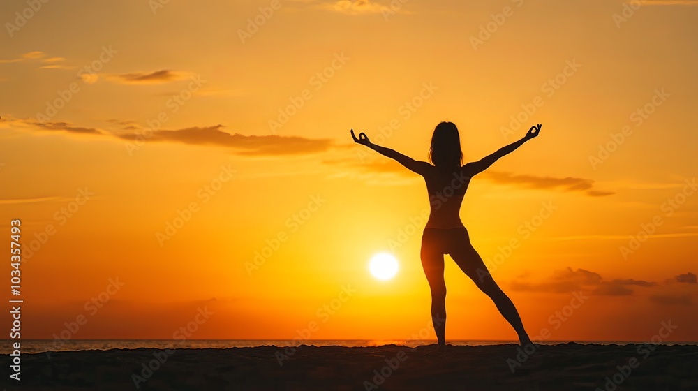 Young woman practicing yoga on a beach at sunset, silhouette against orange sky. Young woman practicing yoga on a beach at sunset, silhouette against orange sky.