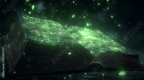 Wallpaper Mural Open mystical book emitting green glowing particles in a dark atmosphere Torontodigital.ca