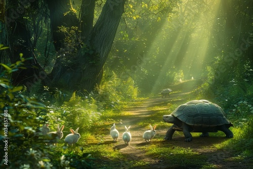 A tortoise makes its way along a forest path bathed in sunlight while several small rabbits gather curiously around it, creating a peaceful scene in nature.