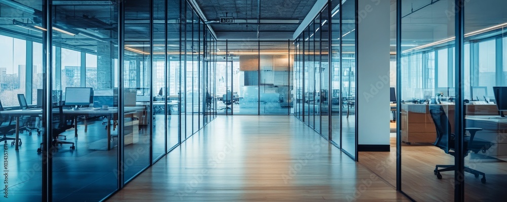 Empty office with glass walls and a wooden floor. Empty office with glass walls and a wooden floor.