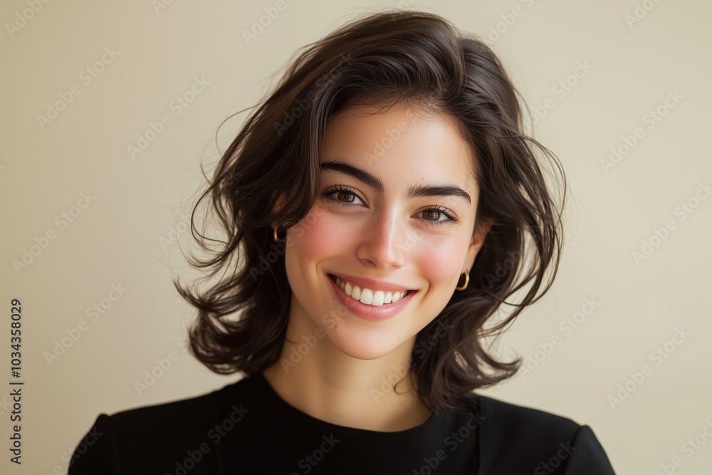 Fototapeta premium Radiant Smile, Confident Gaze: A young woman with shoulder-length brunette hair beams radiantly at the camera.