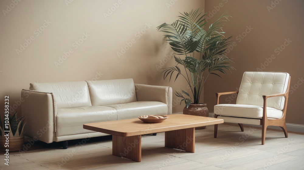 A living room with a couch and a plant in the corner. A living room with a couch and a plant in the corner.