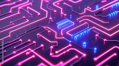 Futuristic circuit board design with neon lights highlighting technology and innovation in digital artistry