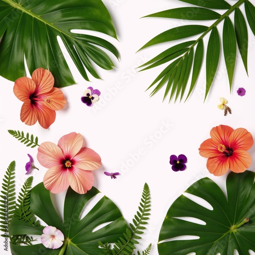 Watercolor drawing showcasing vibrant tropical flora against a crisp white backdrop palm leaves roses hibiscus pansies and ferns