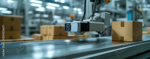 A camera on a robotic arm inspecting boxes on a