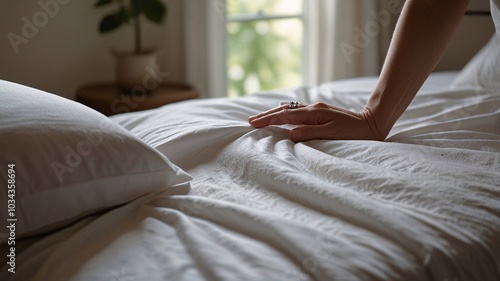 Hands touching soft sheets, blankets, pillows, sleeping, close-up, plain white tone.