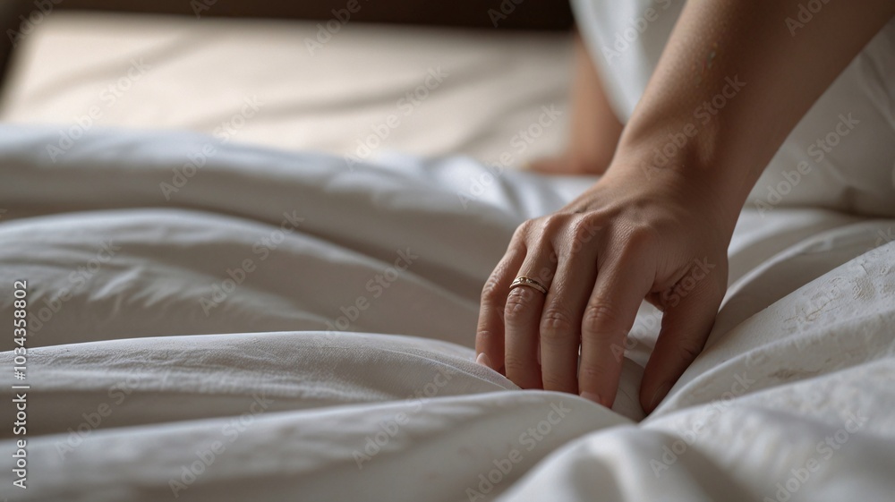 Hands touching soft sheets, blankets, pillows, sleeping, close-up, plain white tone. Hands touching soft sheets, blankets, pillows, sleeping, close-up, plain white tone.