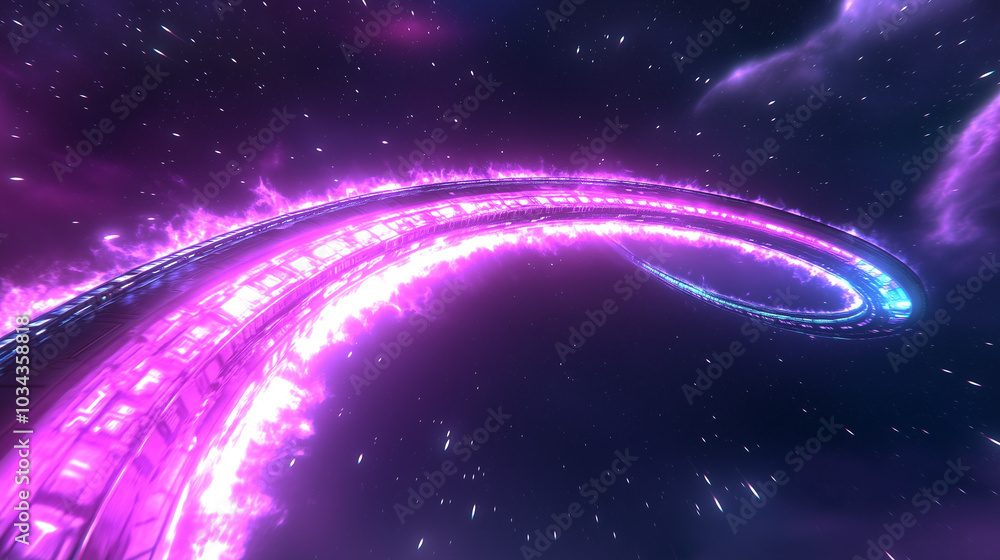 Obraz premium Futuristic cosmic spiral, vibrant mood, glowing with pink and blue light, deep space background, copy space