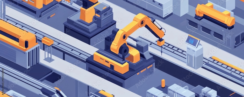 Automated factory with robotic arms and conveyor belts. Automated factory with robotic arms and conveyor belts.