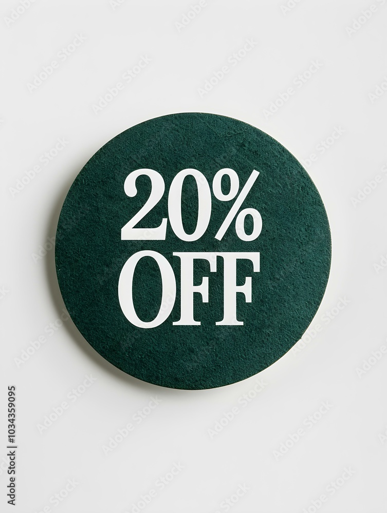 White '20% OFF' Text on a Dark Green Round Paper Note. White Background White '20% OFF' Text on a Dark Green Round Paper Note. White Background