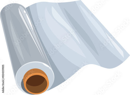 Roll of transparent stretch film for packaging goods is being unwound, isolated on white background