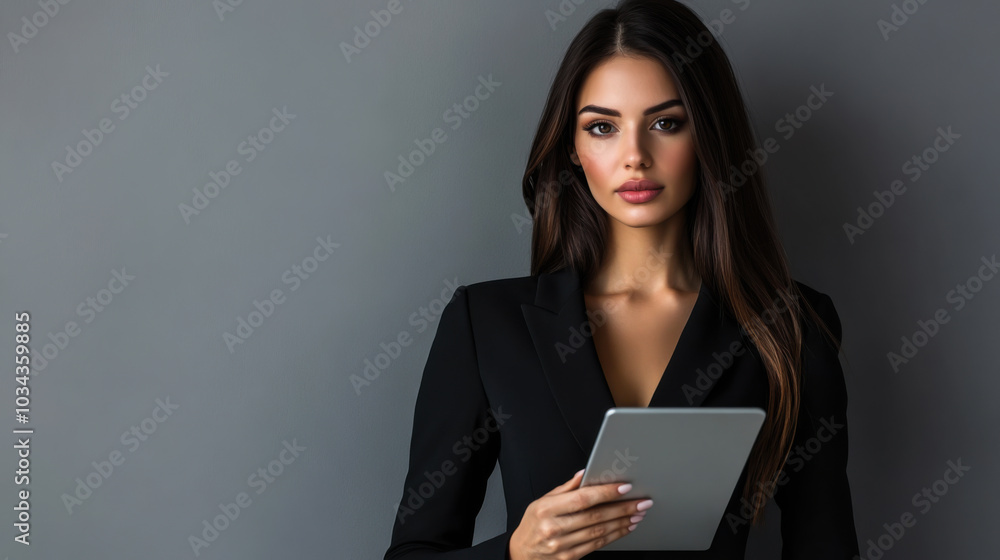 Professional woman holding a tablet in a business outfit against a gray backdrop during a corporate presentation Professional woman holding a tablet in a business outfit against a gray backdrop during a corporate presentation