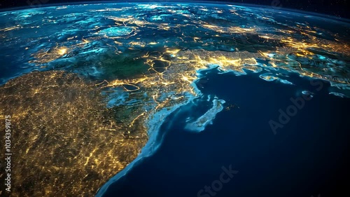 A nighttime view of the Earth from space, showing the coastline of Europe and the Mediterranean Sea