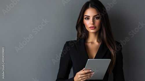 Professional woman holding a tablet in a business outfit against a gray backdrop during a corporate presentation